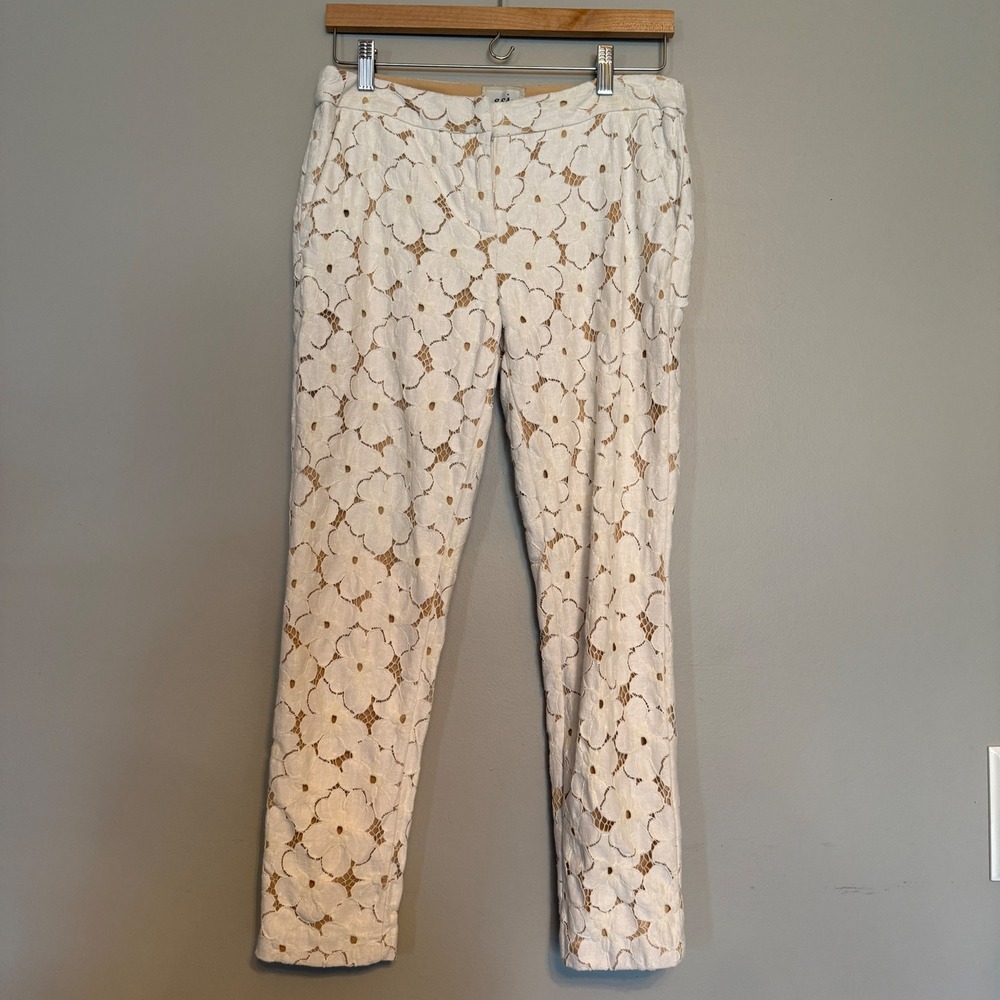 Y2K ECI New York Ivory Floral Lace Straight Leg Pants Lined White Trouser Size 4